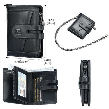 furid Genuine Leather Chain Wallet: Bifold Zipper Coin Pocket with Anti-Theft Chain - RFID Blocking Biker Wallet for Men - Gift for Father Husband Motorcycle Outdoor Use