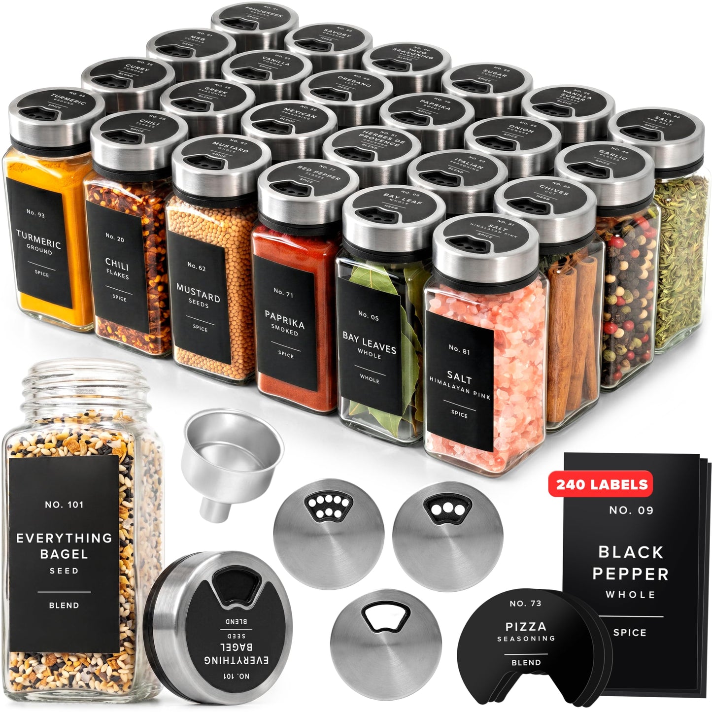 EDELHAUS Glass Spice Jars with Label and Silver Rotating Lids (24 x 4oz) Spice Containers with 240 Labels, Shaker Inserts, Steel Funnel, Empty Square Containers