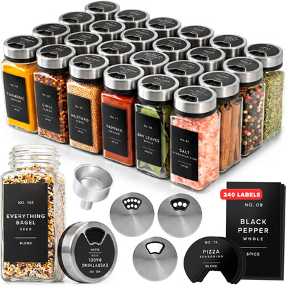EDELHAUS Glass Spice Jars with Label and Silver Rotating Lids (24 x 4oz) Spice Containers with 240 Labels, Shaker Inserts, Steel Funnel, Empty Square Containers