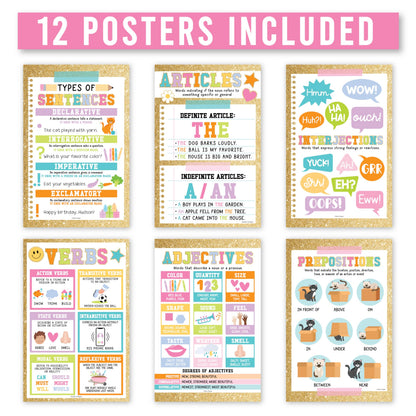 Parts of Speech Posters for Classroom Must Haves -12 Grammar Posters, Writing Process for Homeschool, Elementary & Middle School, ELA 3rd 4th & 5th Grade Teacher Must Haves, Gold Classroom Decor