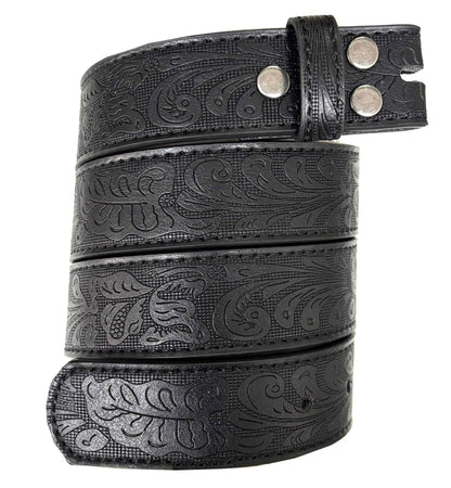 BC Belts Womens Leather Belt Strap with Embossed Western Scrollwork 1.25" Wide with Snaps (Black-M)