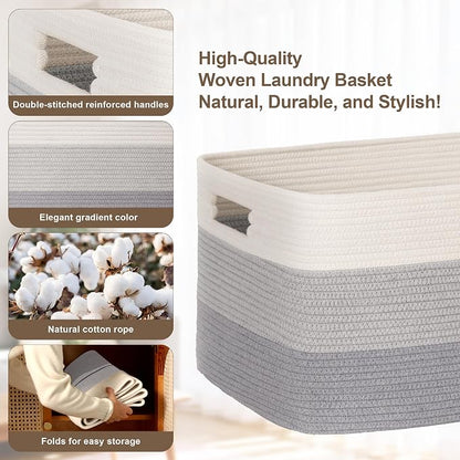 72L Large Laundry Basket with Leather Handles for Living Room Storage, Woven Rope Baskets Bin for Blanket, Kids Toy, Gifts, Wicker Hamper for Bedroom Dirty Clothes, 22"x17"x12" Gradient Grey
