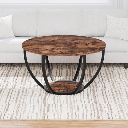 HOMERECOMMEND 28" Round Coffee Table with Storage,2-Tier Wood Accent Center Table for Living Room,Sofa Table for Home Office, Brown