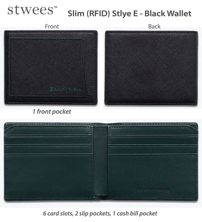 maskfactory stwees bifold leather wallets - Ultra slim, RFID, Front pocket, slim, ID window (Pocket style E, Black)