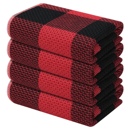 Mordimy 100% Cotton Waffle Weave Kitchen Towels, 13 x 28 Inches, Super Soft and Absorbent Buffalo Check Dish Towels for Drying Dishes, 4-Pack, Black & Red
