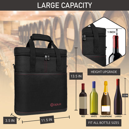 opux 3 Bottle Wine Carrier Tote, Insulated Leakproof Wine Cooler Bag, Wine Travel Bag Tote for Picnic BYOB Beach, Portable Wine Bottle Carrying Case, Gift for Wine Lover Women Men Christmas, Black