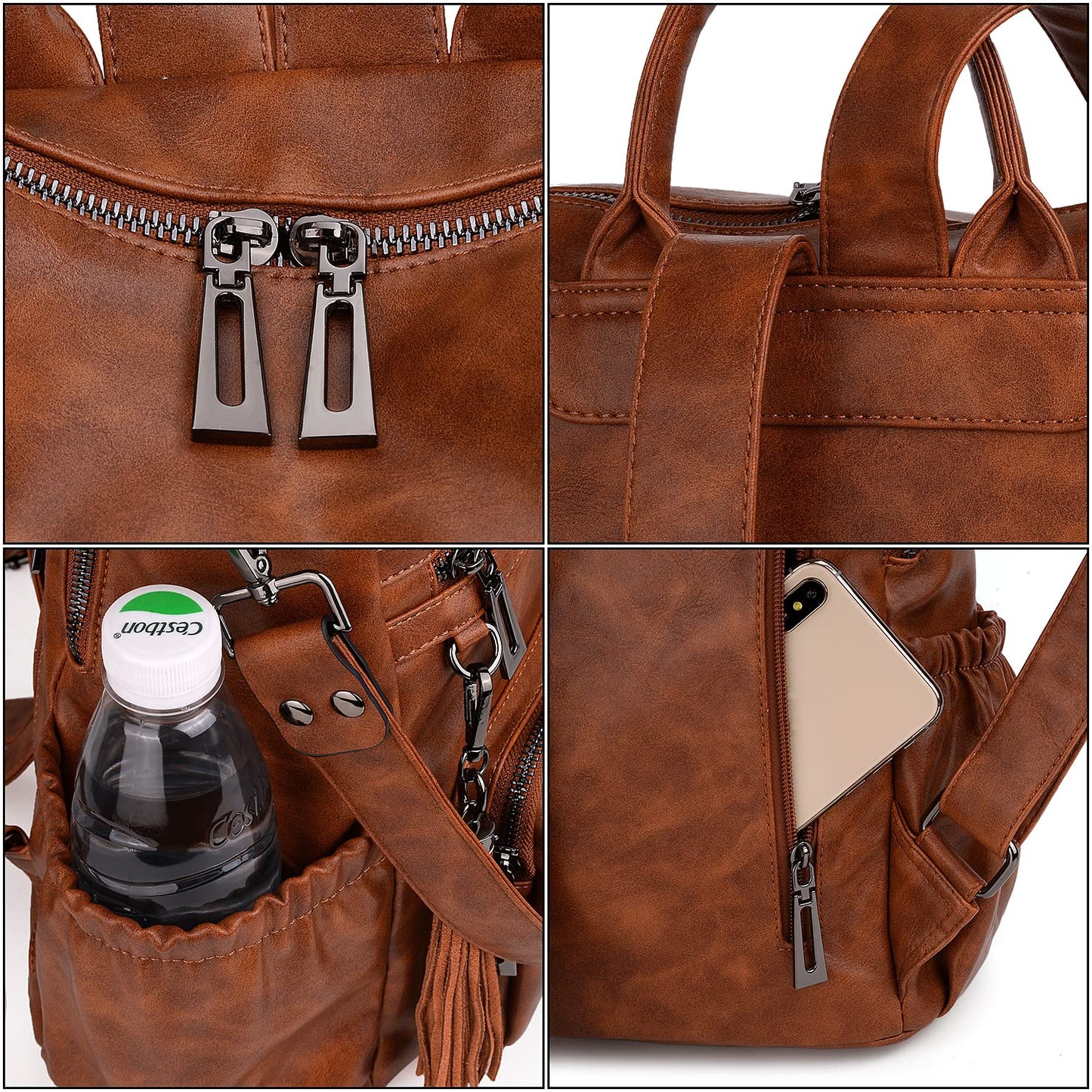 UTO Women Backpack Purse Oil Wax PU Leather Ladies Fashion Designer Rucksack Convertible Travel Shoulder Bag with Tassel Brown