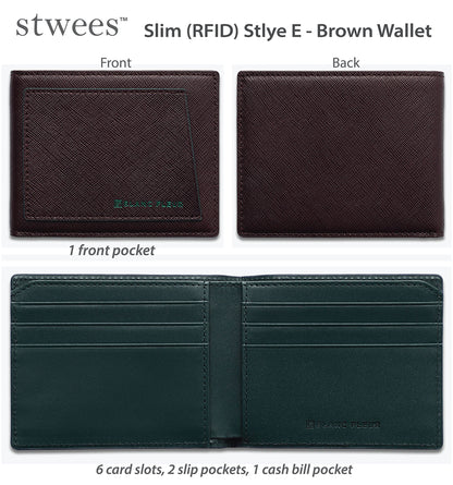 maskfactory stwees bifold leather wallets - Ultra slim, RFID, Front pocket, slim, ID window (Pocket style E, Brown)