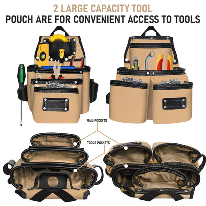 FUERI Electrician's Heavy Duty 26 Pocket Leather-Nylon Tool Belt & Suspender Combo, Comfort Back Support Padded Belt, 2 Large Storage Capacity Pouches, Best for Framers, Carpenter, Roofing