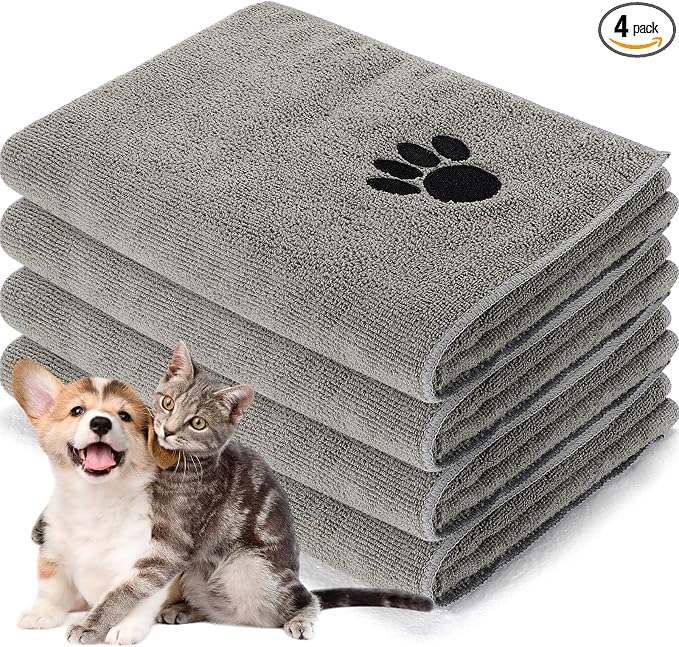 Chumia 4 Pack Dog Towels for Drying Pet Grooming Absorbent Dogs Soft Microfiber Quick Drying Winter Large Medium Small Puppy Bath Towels for Kitten Cats Pets(16 x 31 Inch,Gray)