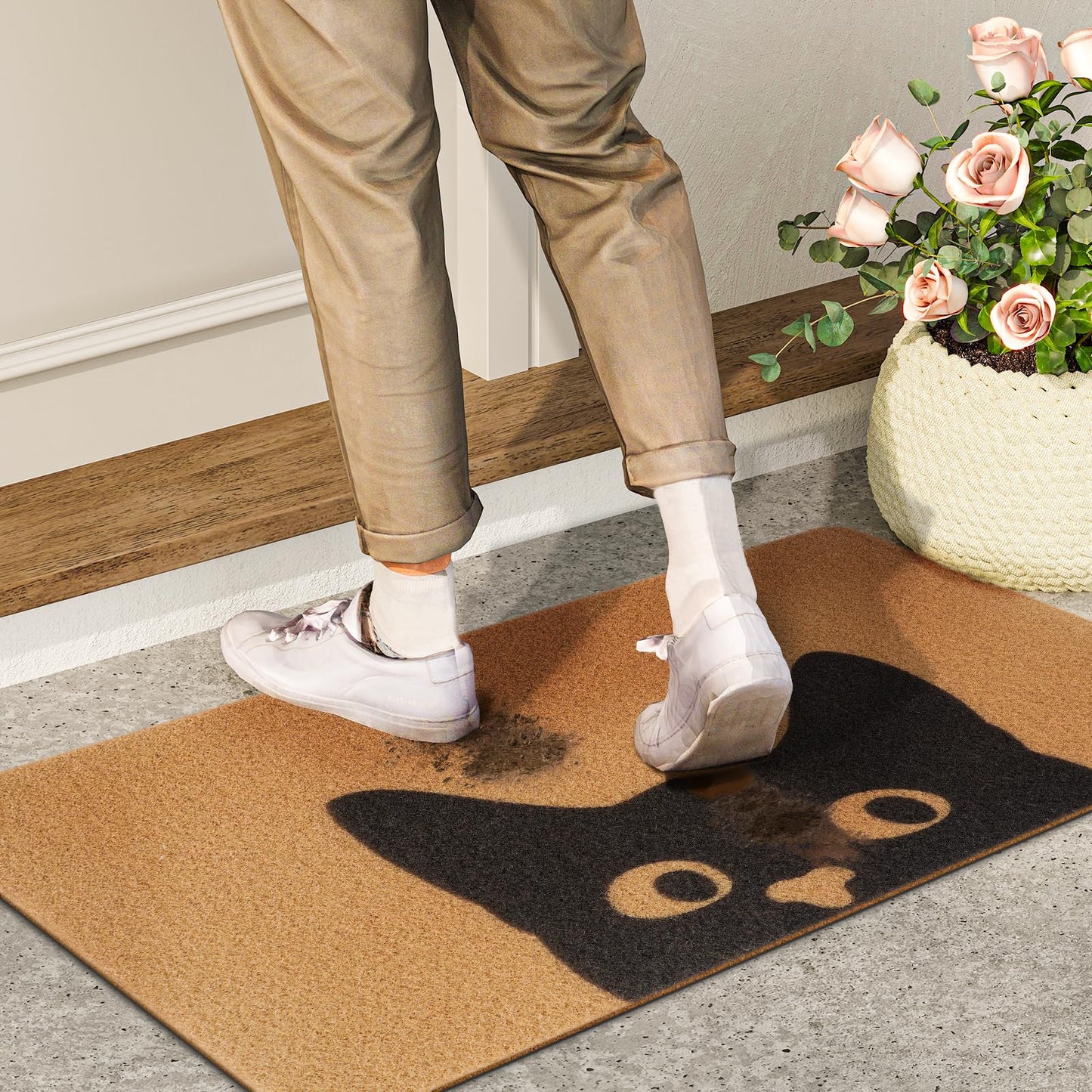 UINI Door Mat Outdoor Indoor Welcome Mats, Cute Cat Front Doormat, Non Slip Durable Entrance Rugs for Front Door, Inside Outside Entry, Porch, Resist Dirt, 17" x 30", Easy to Clean