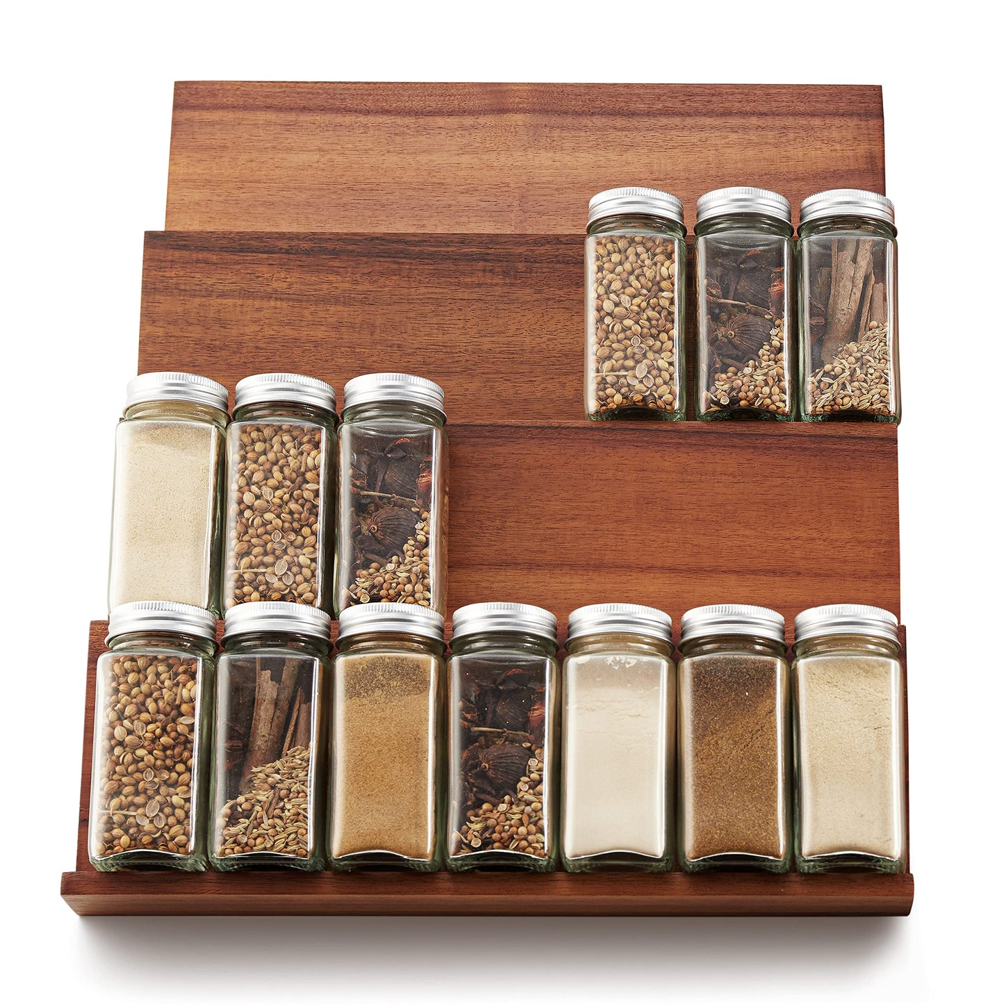 Tinamo Wood Spice Drawer Organizer - Acacia Wooden Tray Spice Racks Organizer for Cabinet Storage Shelf - 4 Tier Spice Rack for Drawer 32 Jars (Pack 4)