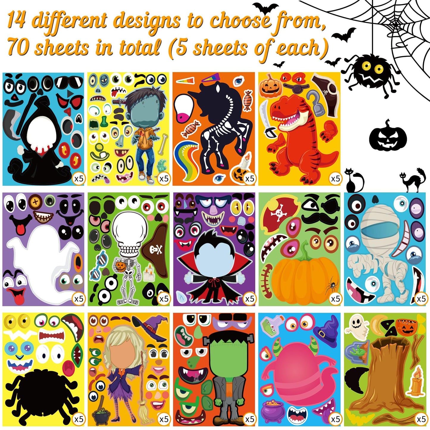 Moon Boat 70 Sheets Halloween Stickers Crafts for Kids, Make-a-Zombie/Pumpkin/Ghost/Monster/Skeleton/Spider/Vampire/Reaper/Witch/Mummy Face Activity Sticker Favors Bulk Party Supplies(Small Size)