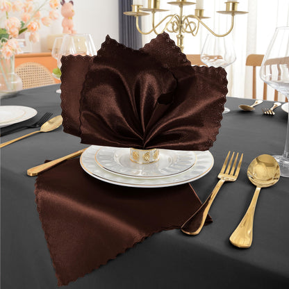 RUDONG M 72 Pack Chocolate Brown Satin Napkin, 17 x 17 Inch Square Cloth Napkins, Soft Fabric Napkin with Scalloped Edges, Reusable Washable Dinner Table Napkins for Wedding, Banquet, Party