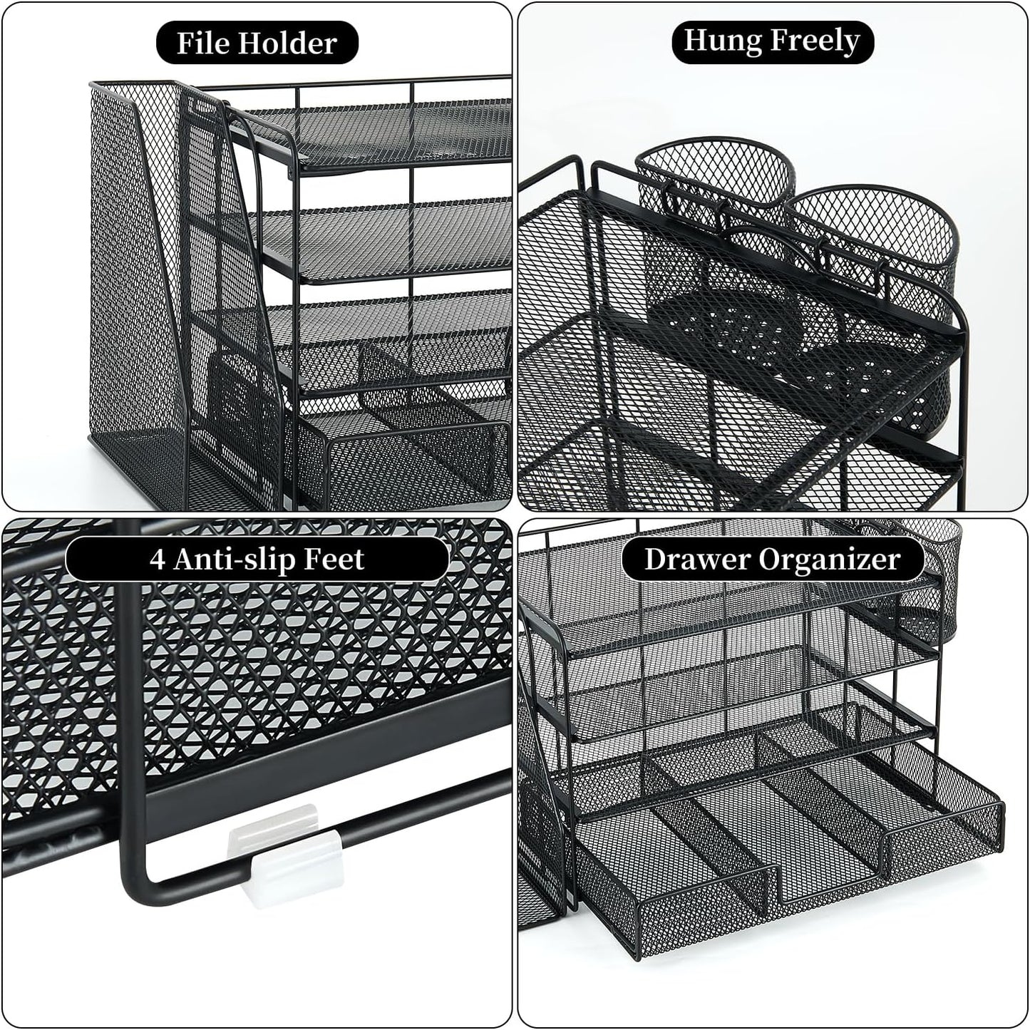 gianotter Desk Organizers and Accessories with File Holder, 4-Tier Desk Accessories & Workspace Organizers with Drawer and 2 Pen Holder, Paper Organizer for Office Supplies (Black)