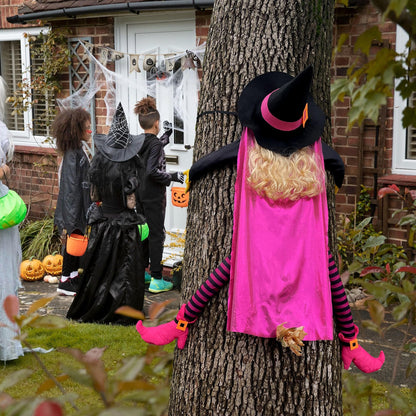 Giiffu Pink Halloween Decorations Outdoor 53" Crashing Witch Tree Decor