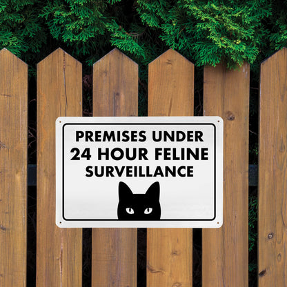 Premises under 24 Hour Feline Surveillance - Funny Cat Sign, Metal - 8" x 12" - Cat Signs for Home Decor, Gift for Cat Lovers, Cat Warning Sign, Cat Lady Sign - ENVISIONED Signage