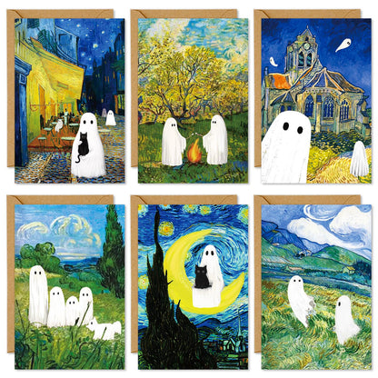 JarThenaAMCS 36 Pcs Halloween Greeting Cards Van Gogh Ghost Blank Note Cards with Envelope Stickers for Party Invitations, 4 x 6 Inch