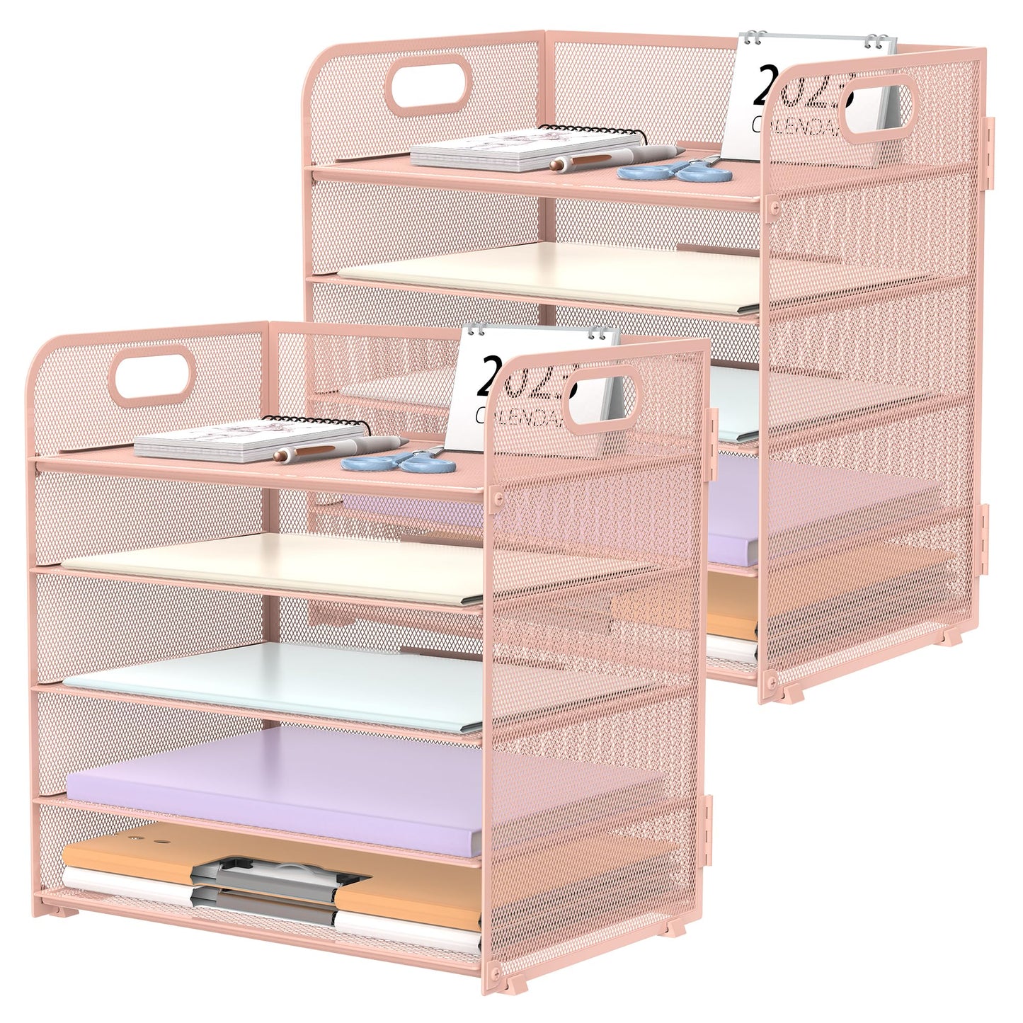 2 Pack 5-Tier Pink Desk Organizer with Handle Mesh Desk File/Paper Organizer Letter Tray for Office, School, Classroom and Home Easy Installation