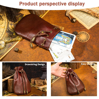 CHULEAG Vintage Medieval Drawstring Belt Pouch, FULL-GRAIN Leather, handmade, portable coin&dice purse with keychain. (Big)