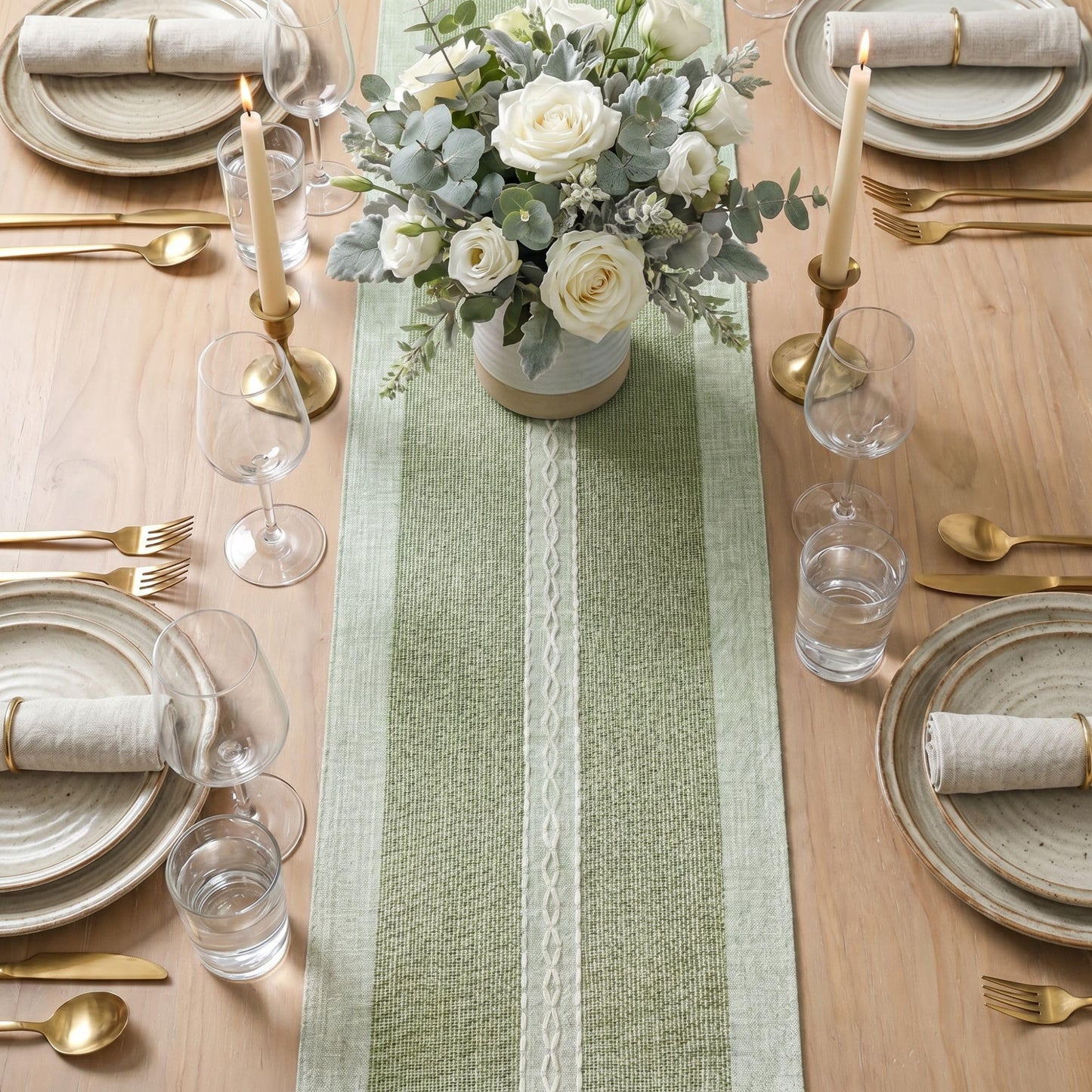 Artoid Mode Dark Green Braided Striped Rustic Chenille Table Runner, Seasonal Spring Embroidered Kitchen Dining Table Decoration for Home Party Decor 13x72 Inch