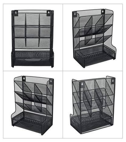 PAG Desk Organizer with Drawer Office Supplies and Accessories Storage Caddy Hanging Wall Shelf Metal Mesh Pencil Holder for Kids, 9 Compartments, Black