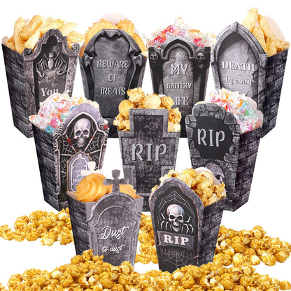 Weekgrat 90 Pcs 9 Styles Halloween Tombstone Popcorn Boxes Cardboard Popcorn Bags Snack Boxes Treat Bags for Candy Biscuits Party Favors