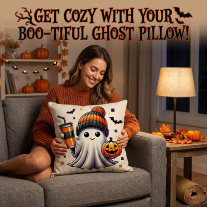 Fall Halloween Thanksgiving Pillow Covers 18x18 Set of 4, Faux Linen Polyester Decorative Throw Pillow Cases for Harvest Home Sofa Couch Bed Decor (CuteGhost)