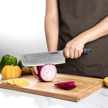 Seido Knives Inferuno 7 Inch Nakiri Knife – AUS-10 Core with 73-Layer Damascus Steel and Ergonomic Resin Maple Handle