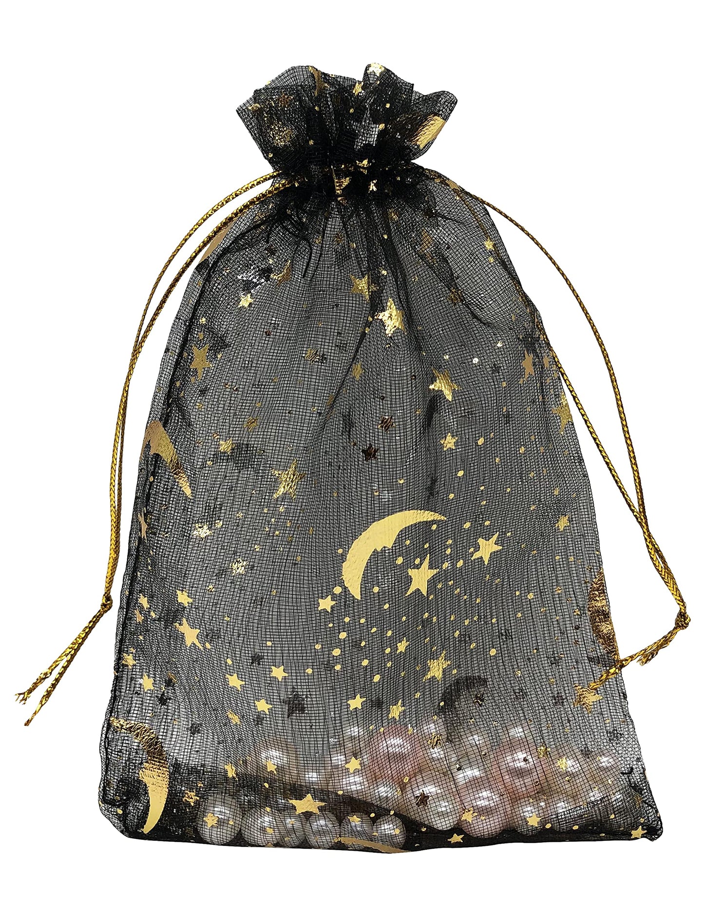 Jexila 100PCS Black Organza Gift Bags 4X6 Small Mesh Bags Drawstring Jewelry Pouch Halloween Goodie Treat Bag Moon Star for Birthday Party Favor Candy Bag