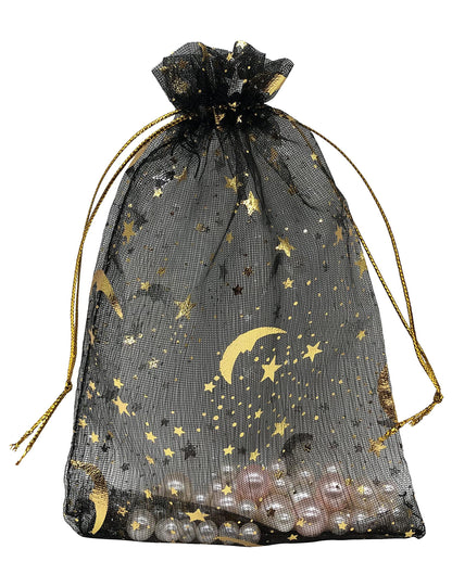 Jexila 100PCS Black Organza Gift Bags 4X6 Small Mesh Bags Drawstring Jewelry Pouch Halloween Goodie Treat Bag Moon Star for Birthday Party Favor Candy Bag