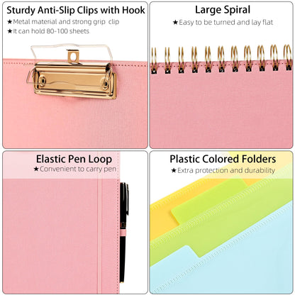 Ospelelf Pink Foldable Spiral Clipboard Folio with Storage Zipper Pouch, 5 Plastic Folders with 10 Pockets,Refillable Lined Notepad (11" x 8.5"), Hardcover Project Organizer with 39 Stickers