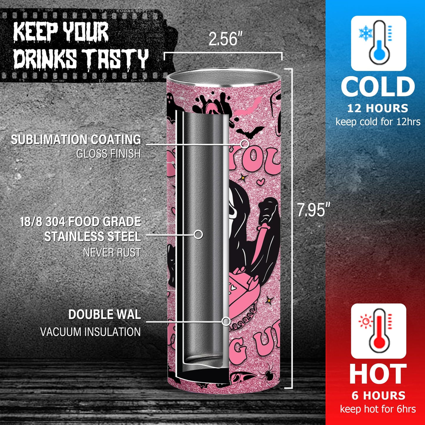 Pink Spooky Cute 20oz Skinny Tumbler, Halloween Horror Aesthetic Stainless Steel Travel Mug with Lid, Insulated Coffee Cup Gift for Women Teens