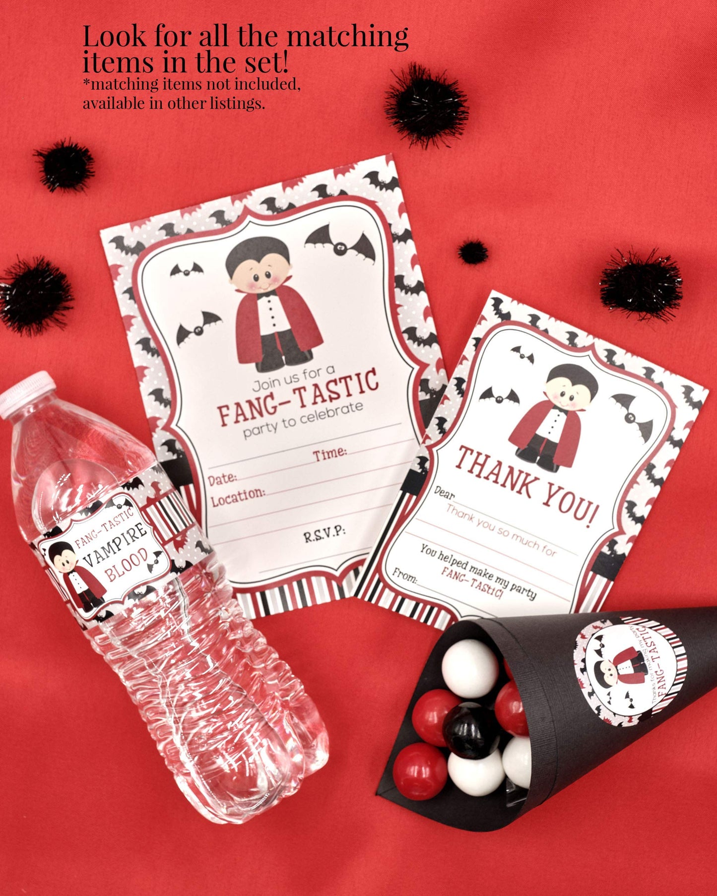Dracula Fang-tastic Halloween Vampire Birthday Thank You Notes for Kids, Ten 4" x 5.5" Fill In The Blank Cards with 10 White Envelopes by AmandaCreation
