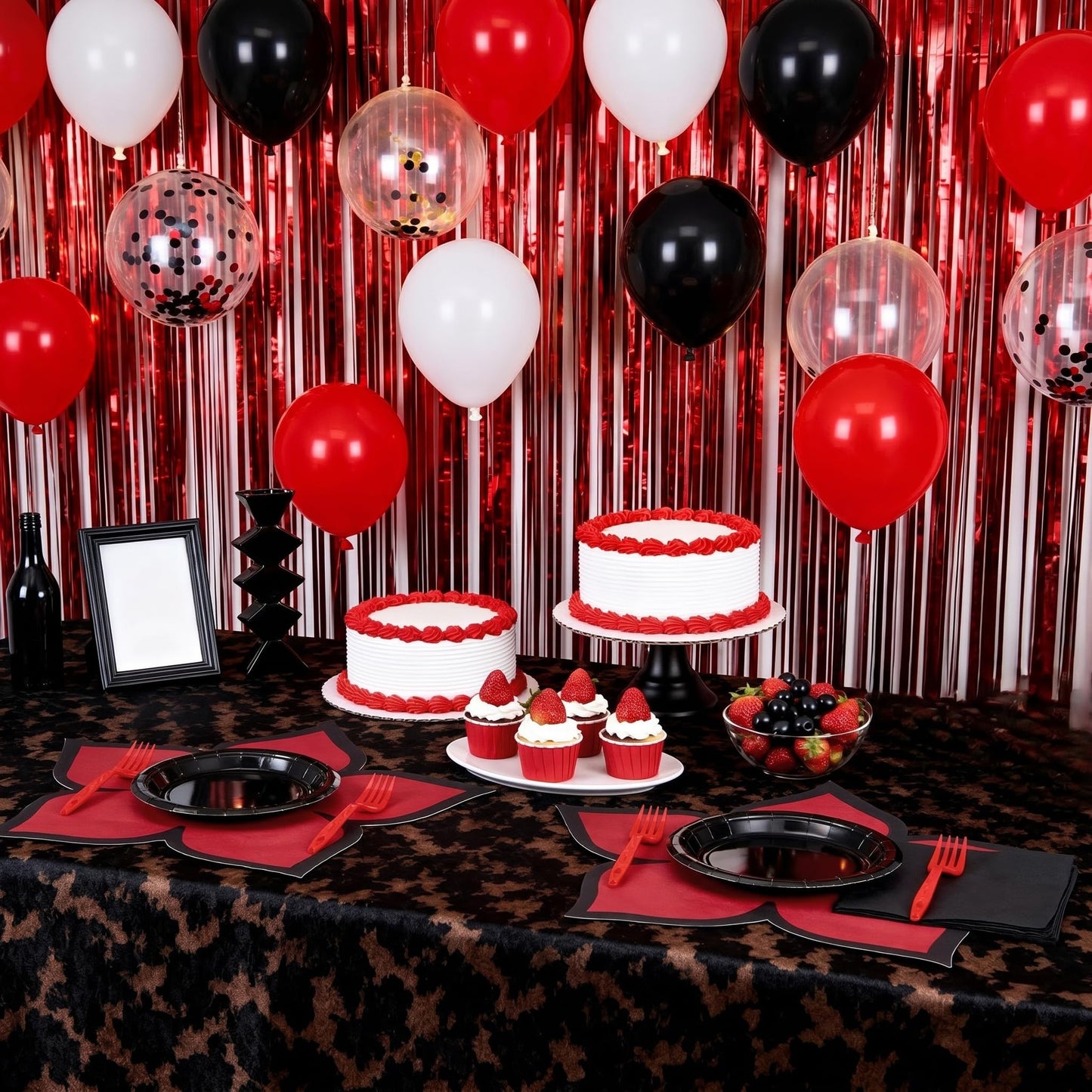 Yungyan 96 Pcs Spooky Rustic Black and Red Birthday Party Supplies Tableware Set Plates, Forks, Napkins and Flower Disposable Placemats for Gothic Birthday Spooky Theme Fiesta Party Decorations Serves
