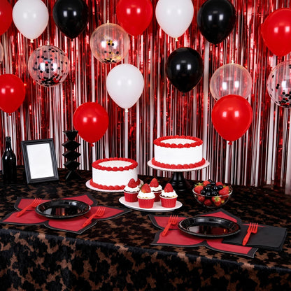 Yungyan 96 Pcs Spooky Rustic Black and Red Birthday Party Supplies Tableware Set Plates, Forks, Napkins and Flower Disposable Placemats for Gothic Birthday Spooky Theme Fiesta Party Decorations Serves