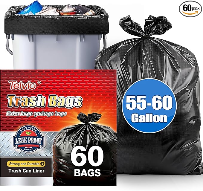 Teivio Trash Bags, 55-60 Gallon,