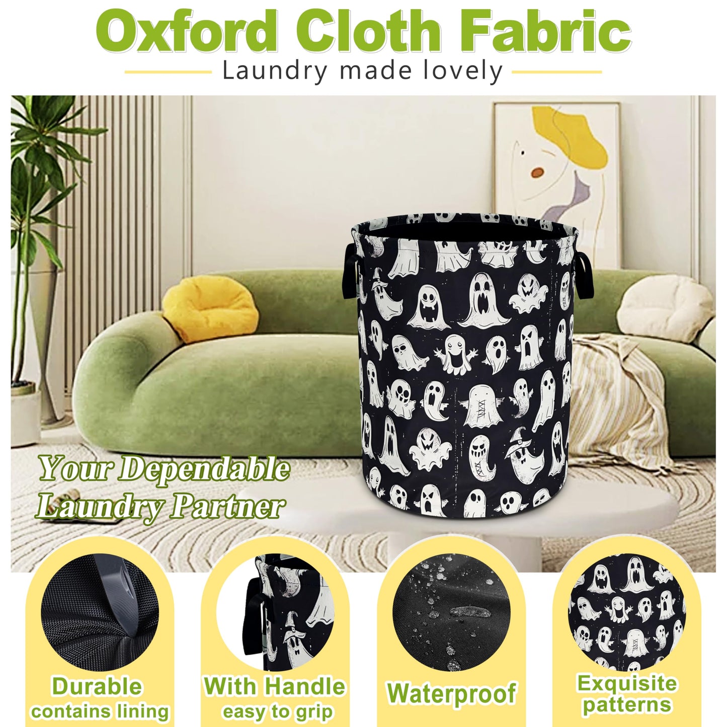 Cute Ghost Laundry Basket Funny Spooky Foldable Waterproof Oxford Cloth Tote Bag Laundry Hamper Round Large Clothes Storage Bucket Organizer For Bathroom/Laundry Storage/Bedroom 18.9x16.5 Inch