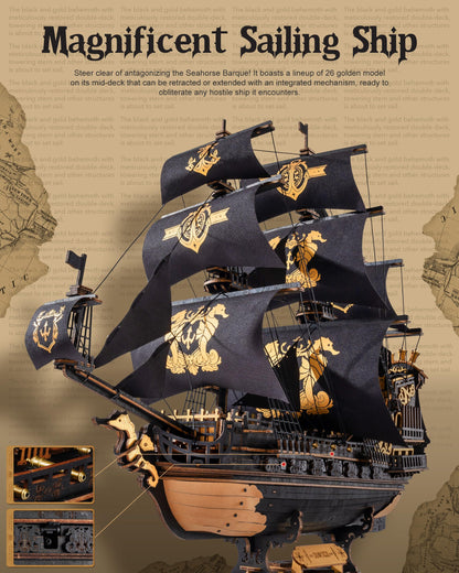 ROBOTIME Seahorse 3D Wooden Puzzles for Adults, Black Sailboat Model Kits for Boys and Men, Home Office Decor Gifts Pirate Ship Building (603 Pcs)