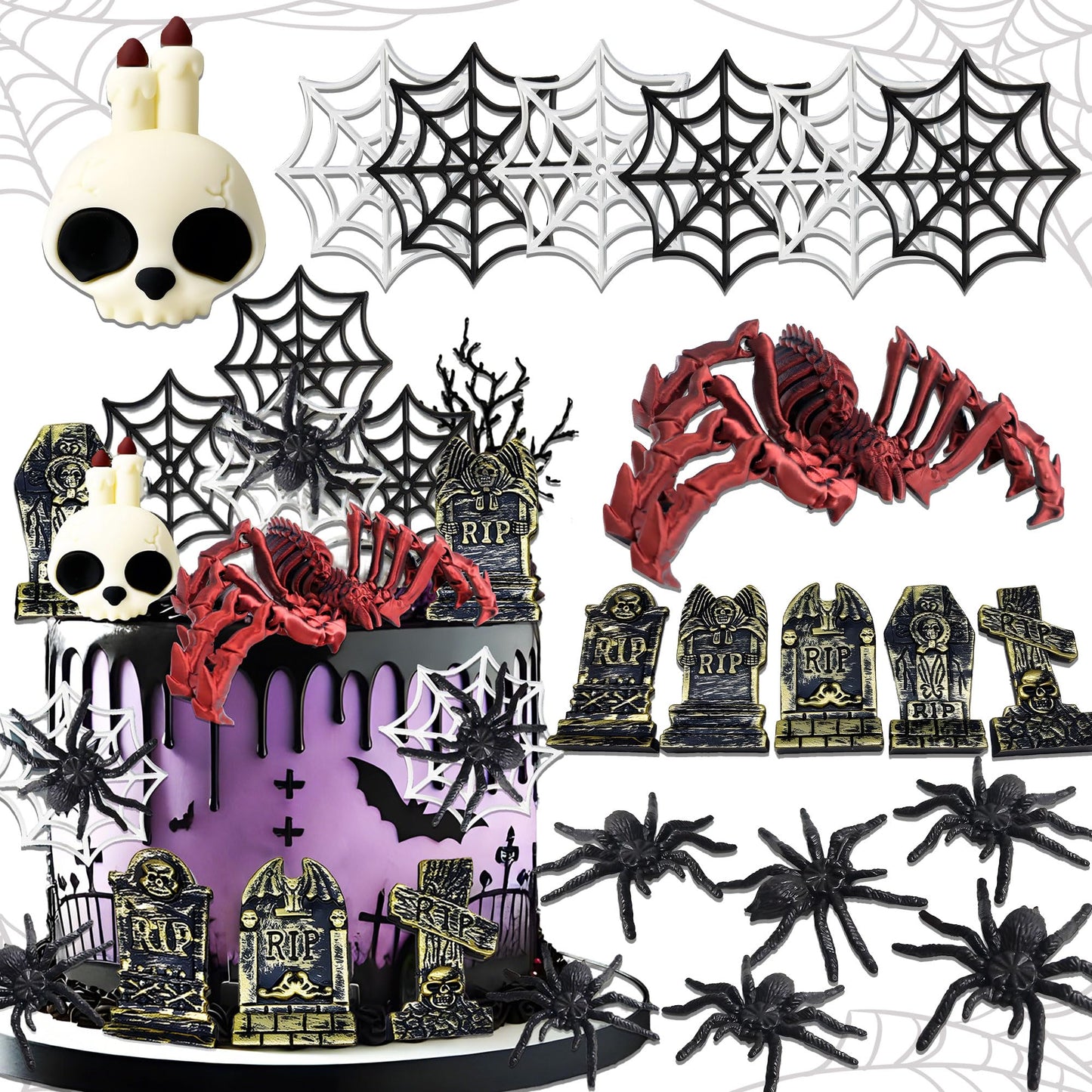 Spider Cake Decoration Halloween Cake Toppers Tombstone Cupcake Toppers (red)