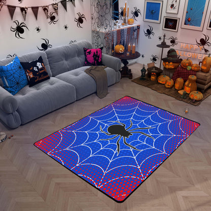 Spider Web Kids Area Rug,Black Spider Arachnid Insect Animals Indoor Floor Mat Entrance Rug for Boys Man Girls Women,Happy Halloween Non Slip Rug,Red Blue Fashion Couch Living Room Decor,3'x5'