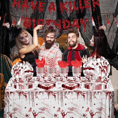 MEHOFOND Killer Birthday Decoration, 194PCS Halloween Scream Party Tableware Decorations Include Have a Killer Banner Bloody Hand Print Plates Napkins Tablecloth for Horror Themed Birthday Supplies