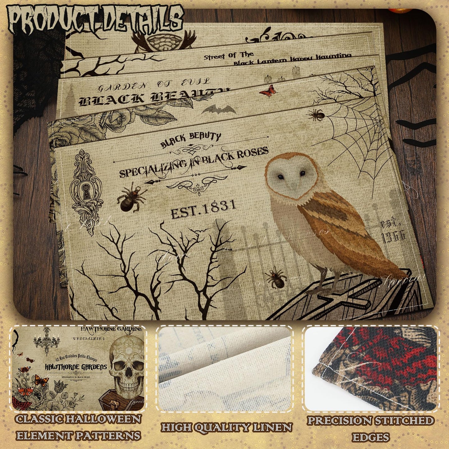 Umigy 6 Pcs Halloween Placemats 12"x18" Gothic Bat Placemats Kitchen Decoration Washable Witch Place Mats Rectangle Skull Table Mats for Halloween Dining Table Accessories(Poster Style)