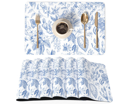 QiyI Placemats Set of 6, 12x18 Inch Faux Leather Place Mats for Kitchen Dinning, Heat Resistant Anti Slip Floral Table Mats, Waterproof Wipeable Washable Placemat Party Table Décor, Blue Flowers