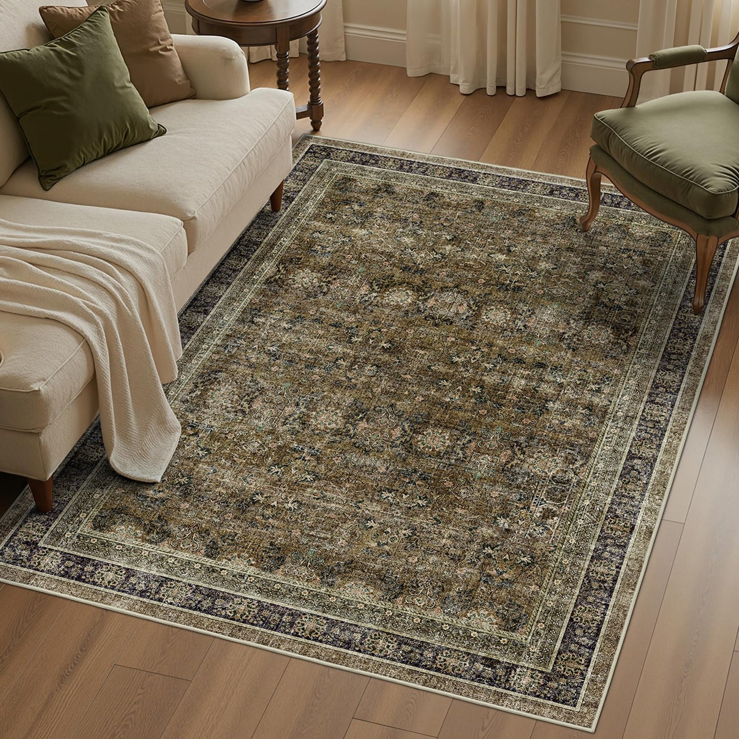 WITSHOCK 5x7 Area Rugs for Living Room: Vintage Modern Boho Moody Retro Antique Farmhouse Dark Carpet, Non-Slip Low Pile Stain Resistant Rug for Bedroom Dining Under Table, Brown Olive Green