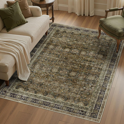 WITSHOCK 5x7 Area Rugs for Living Room: Vintage Modern Boho Moody Retro Antique Farmhouse Dark Carpet, Non-Slip Low Pile Stain Resistant Rug for Bedroom Dining Under Table, Brown Olive Green