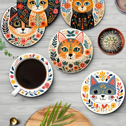 Coasters Set of 6, Cute Drink Coasters for Cat Lovers, Thick Heat-Resistant Wood Coasters for Coffee, Office, Bar & Tabletop Protection, Funny Home Decor |NAJIKA