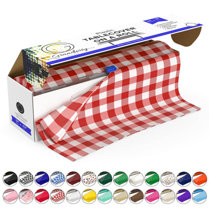 Grandipity Plastic Tablecloth Roll - 54in x 300 Ft. Red Gingham Checkered Plastic Table Cloths for Parties | Disposable with Cutter Box - Cut to Size Disposable Tablecloth for Rectangle & Round
