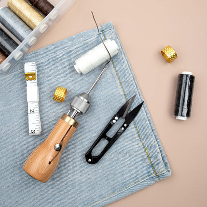 GTAAOY Professional Sewing Awl Kit, Portable Leather Sewing Awl Thread Kit with Straight Bent Needles Rolls Waxed Threads Small Screwdriver Yarn Scissors Needle Threader Tape Measure for DIY Craft