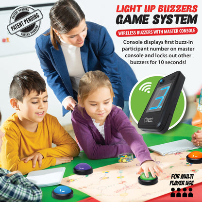 Teacher's Choice Wireless Light Up 4 Player Game Buzzer Button System | Displays the Winning Player | Loud, Unique Sounds, Great for Trivia Games, Family Feud, Jeopardy, Competition, Spelling Bees